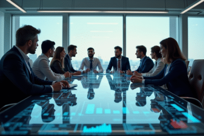Groupe de professionnels autour d'une table avec hologrammes AI