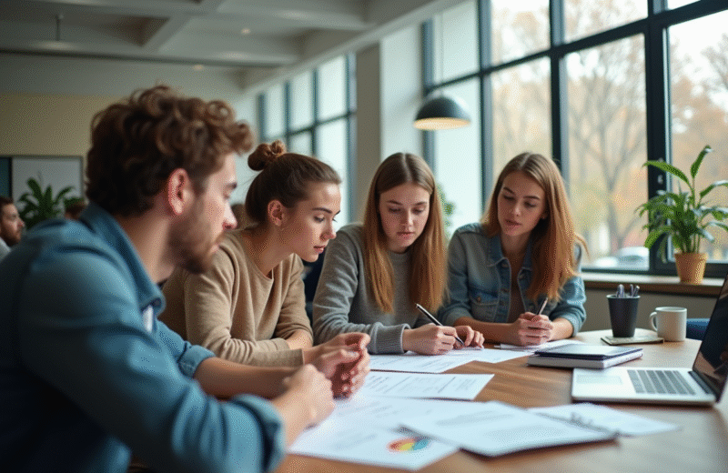 Jeunes adultes collaborant dans un espace de travail moderne