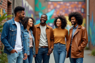 Groupe divers d'adultes urbains devant un mur coloré
