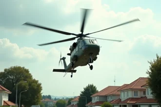 Hélicoptère militaire survolant un quartier résidentiel paisible vu depuis la rue