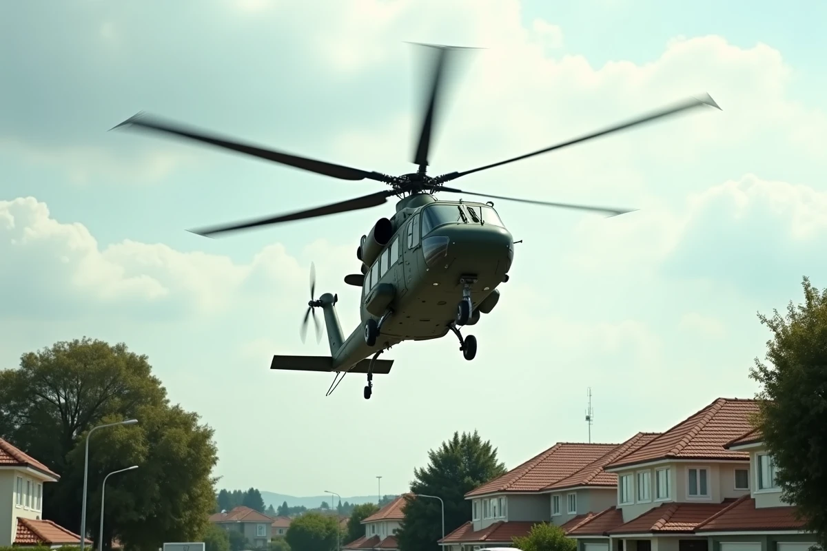 Hélicoptère militaire survolant un quartier résidentiel paisible vu depuis la rue