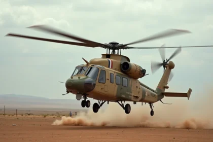 Hélicoptère Tigre de l'armée française en vol rasant au-dessus d'un terrain aride lors d'une opération de haute intensité