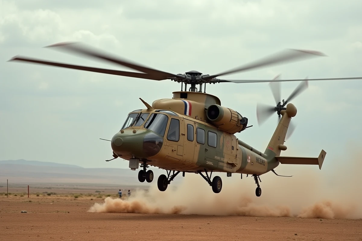 Hélicoptère Tigre de l'armée française en vol rasant au-dessus d'un terrain aride lors d'une opération de haute intensité