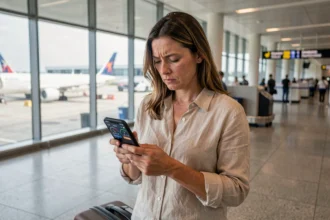 Femme vérifiant l'heure en Nouvelle-Calédonie sur son téléphone avant de prendre l'avion dans un aéroport international