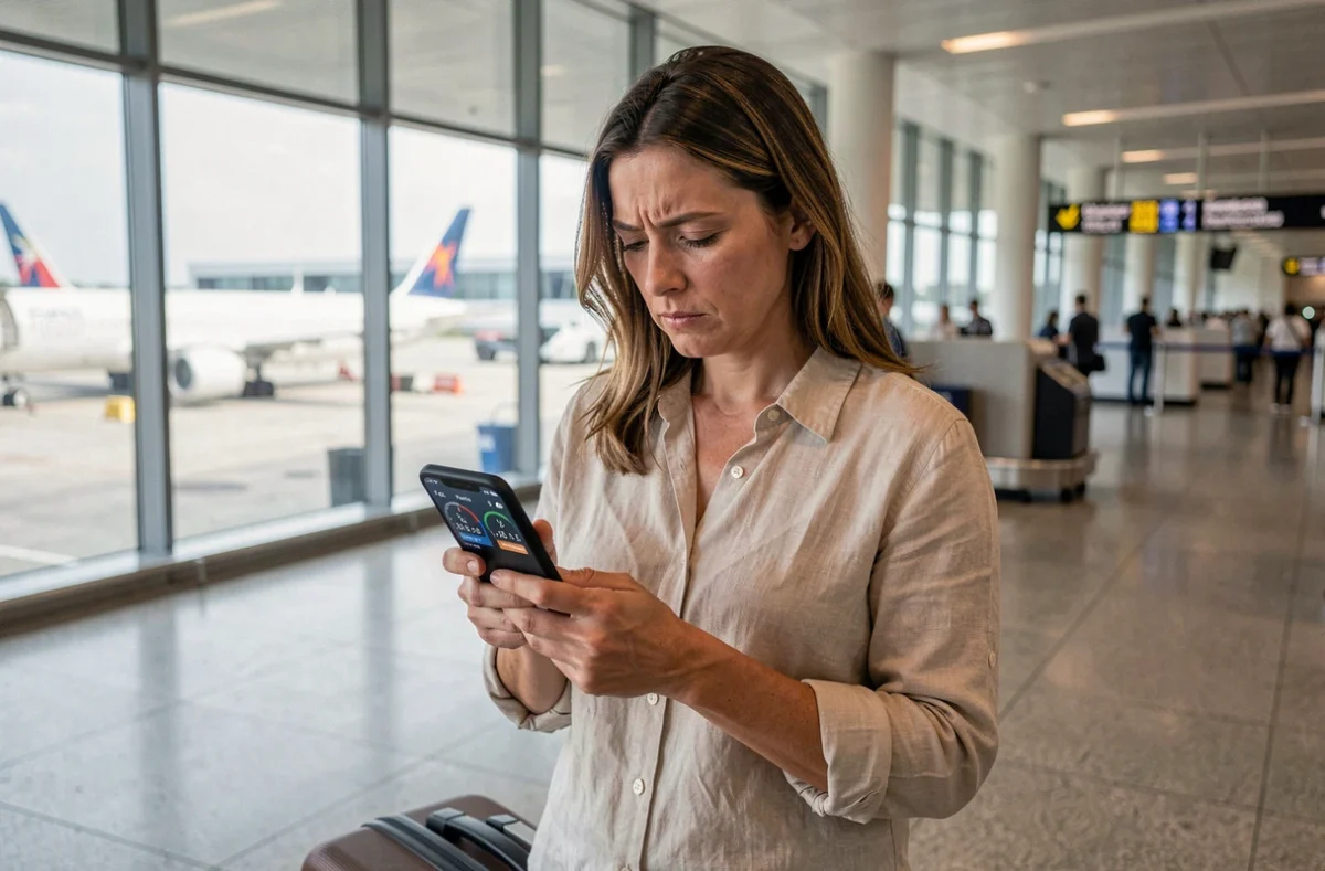 Femme vérifiant l'heure en Nouvelle-Calédonie sur son téléphone avant de prendre l'avion dans un aéroport international