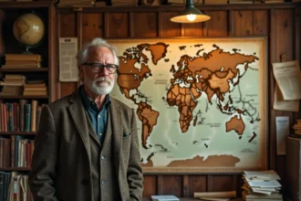 Historien devant une carte vintage du monde illustrant le concept de Manifest Destiny dans un bureau académique
