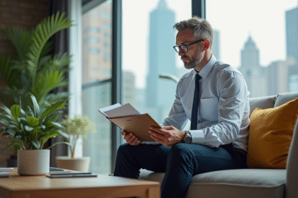 Homme d'affaires en intérieur moderne avec documents