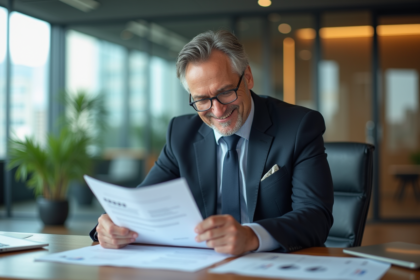 Homme d'affaires en costume analysant des documents financiers
