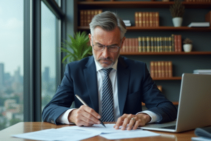 Homme d'affaires en costume bleu examine des documents financiers