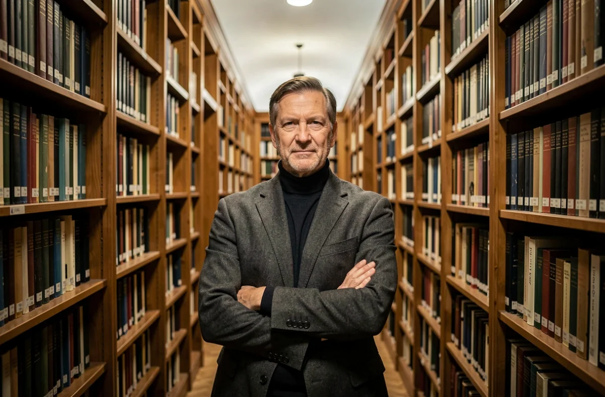 Homme en blazer gris dans une bibliothèque aux bras croisés, ambiance intellectuelle évoquant les citations assassines et le franc-parler