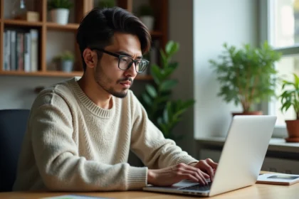 Homme en sweater regardant un site manga sur son ordinateur