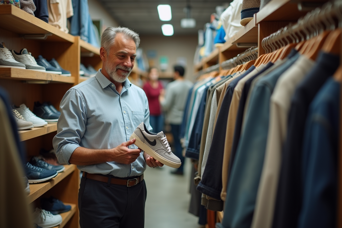 Homme examinant une chaussure de marque dans une boutique de seconde main