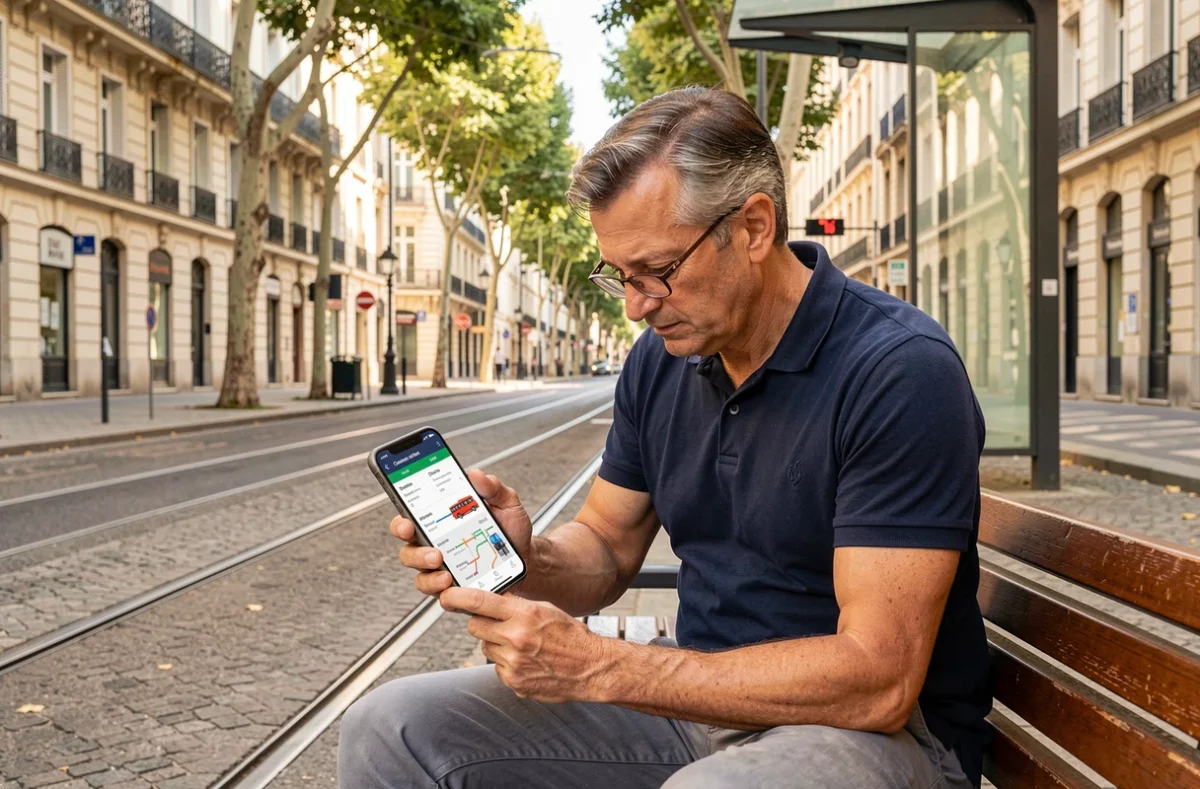 Homme assis à un arrêt de tram à Toulouse comparant les trajets métro bus et tram sur son smartphone