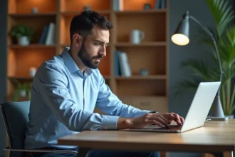 Homme en configuration sur son laptop au bureau à domicile