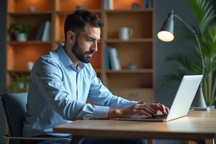 Homme en configuration sur son laptop au bureau à domicile