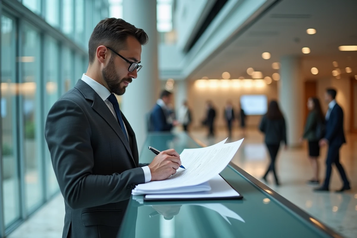 Homme en costume lisant un formulaire administratif officiel dans le hall d'un bâtiment institutionnel moderne