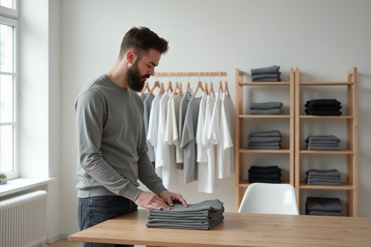 Homme plie des t-shirts dans un studio lumineux