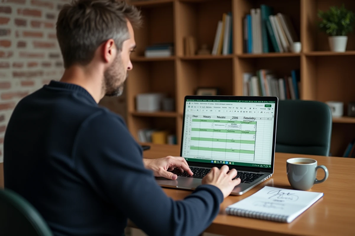 Homme travaillant sur Google Sheets avec un calendrier 2026 à semaines paires et impaires colorées sur ordinateur portable