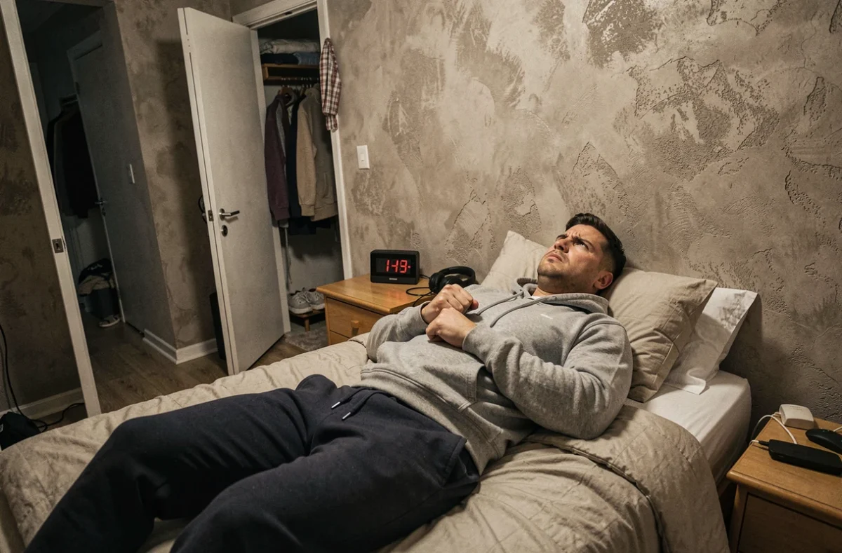 Homme allongé dans son lit les yeux ouverts après un rêve angoissant dans lequel il était poursuivi par quelqu'un voulant lui faire du mal