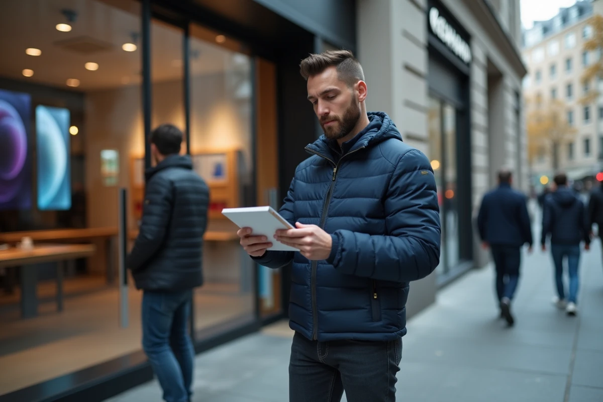 Homme tenant un iPhone 14 et un contrat devant une boutique de téléphonie, symbolisant la location mensuelle d'un smartphone
