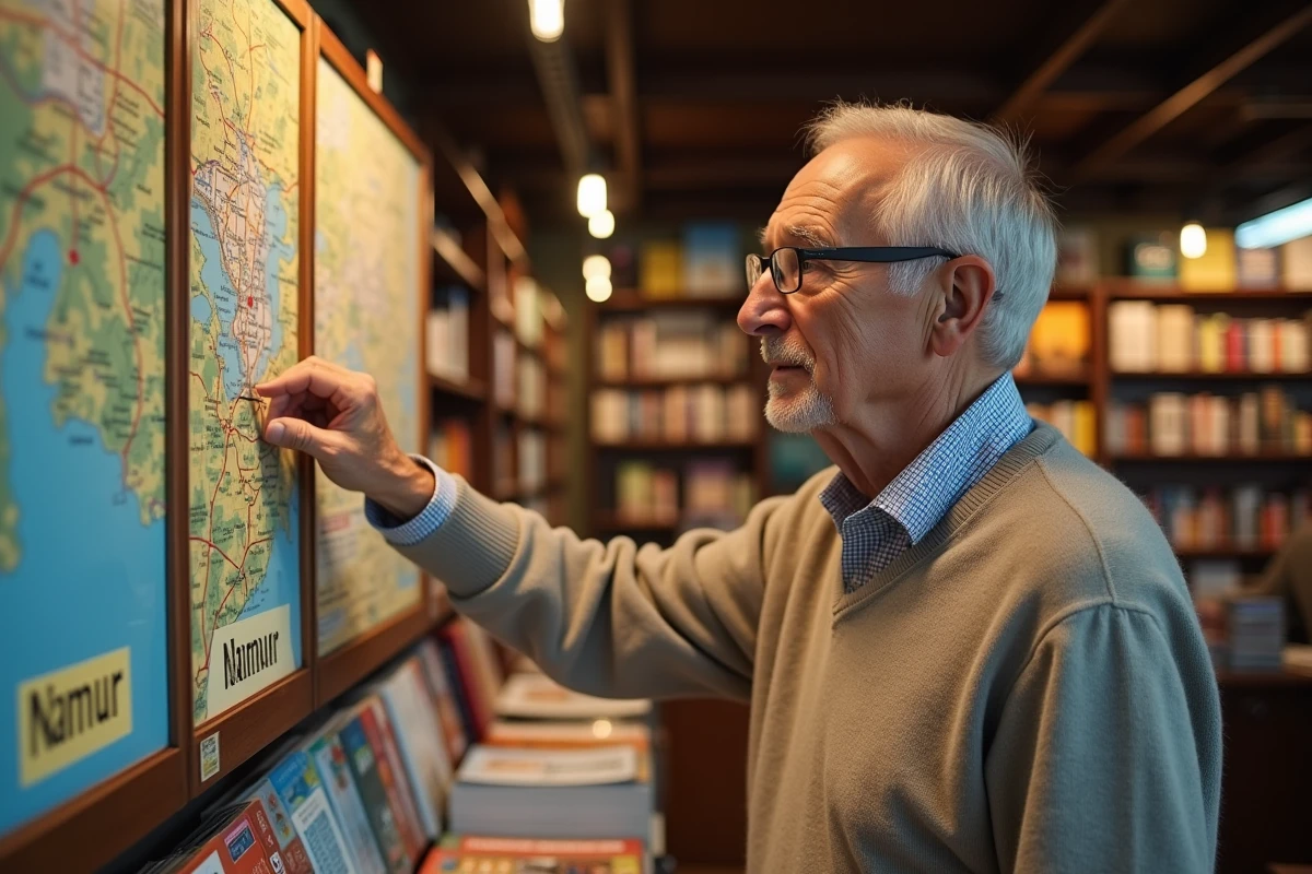 Homme âgé regardant des guides dans une librairie belge