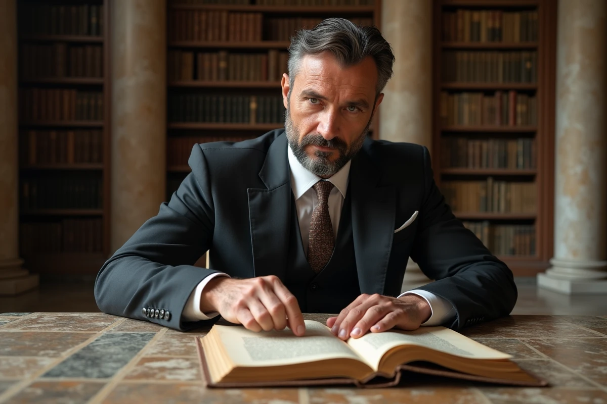 Homme méditerranéen lisant un manuscrit ancien dans une bibliothèque