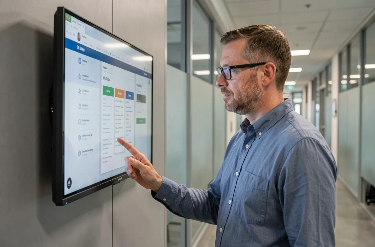 Homme naviguant sur un portail de services numériques institutionnels sur écran tactile interactif