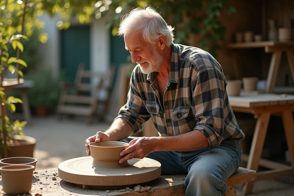 Homme âgé façonnant un bol en céramique dans un atelier extérieur rustique