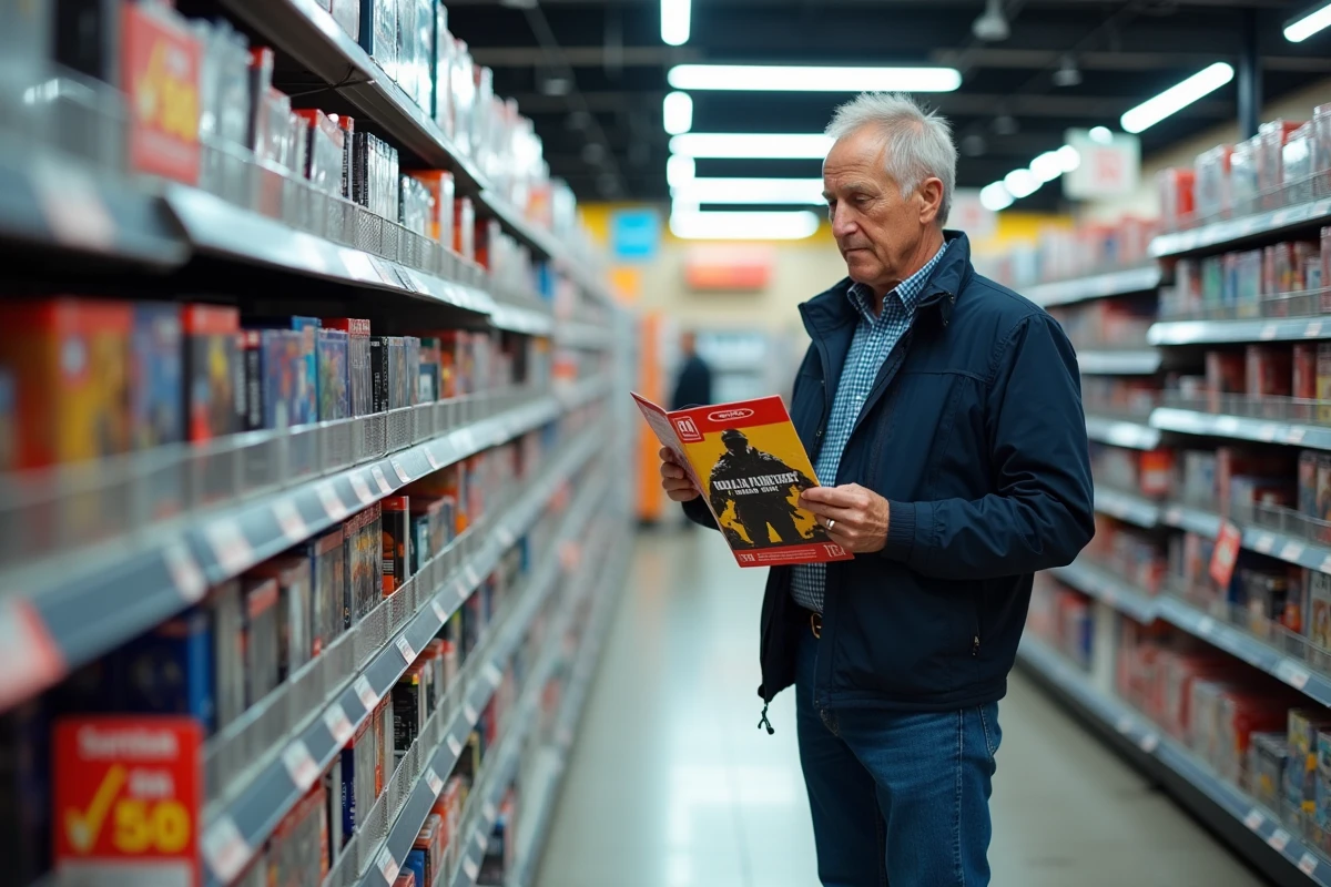 Homme comparant le prix d'un jeu de guerre en promotion dans le rayon jeux vidéo d'un hypermarché Leclerc