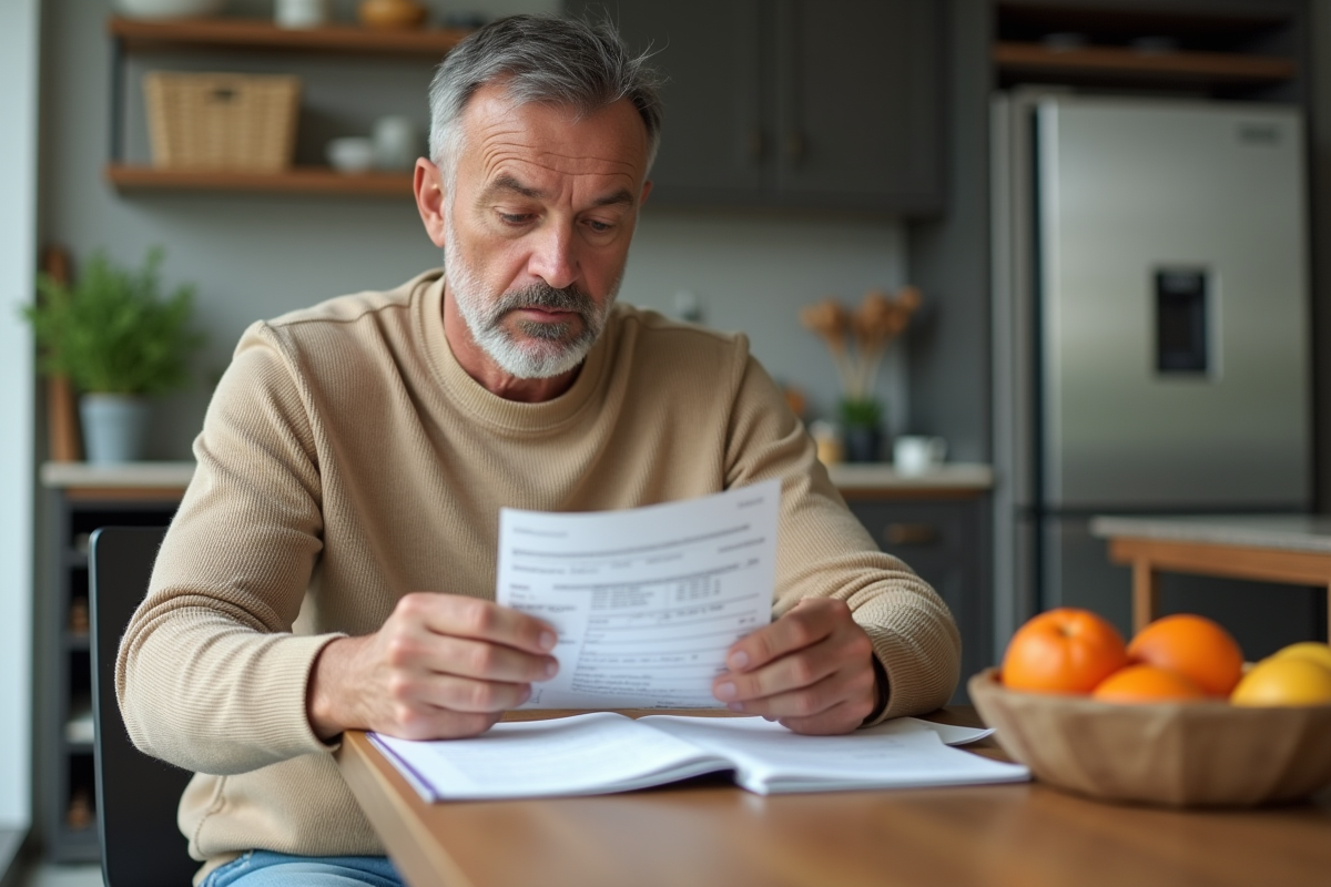 Homme examinant ses tickets de caisse dans la cuisine
