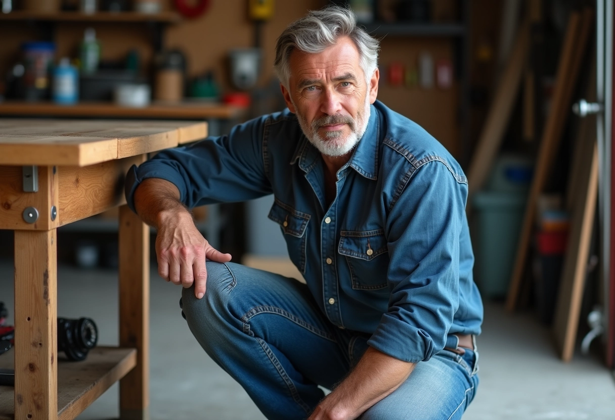 Homme inspectant un jean déchiré dans un garage