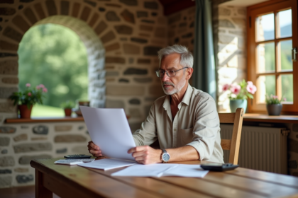 Homme d'âge moyen examine documents d'impôts dans une maison ensoleillée