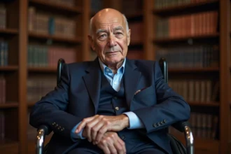 Homme d age en fauteuil dans une bibliotheque