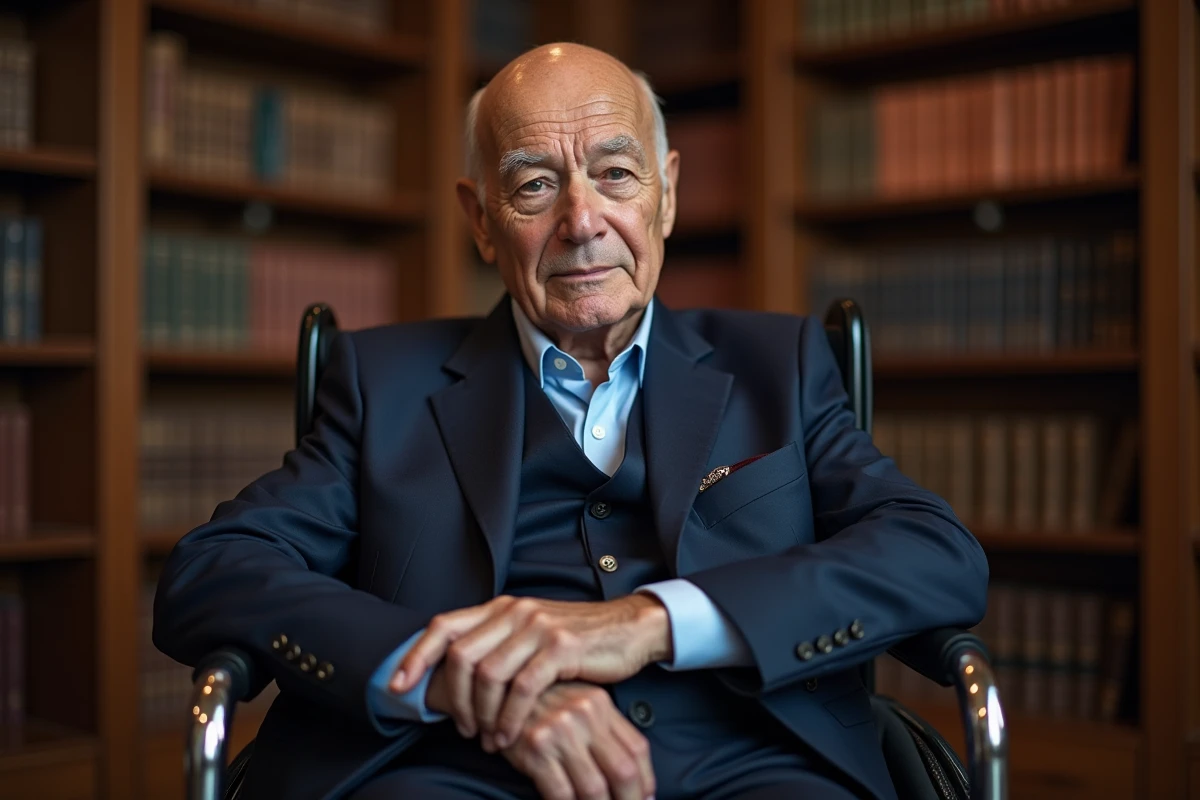 Homme d age en fauteuil dans une bibliotheque