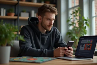 Homme concentré sur son smartphone dans un intérieur moderne