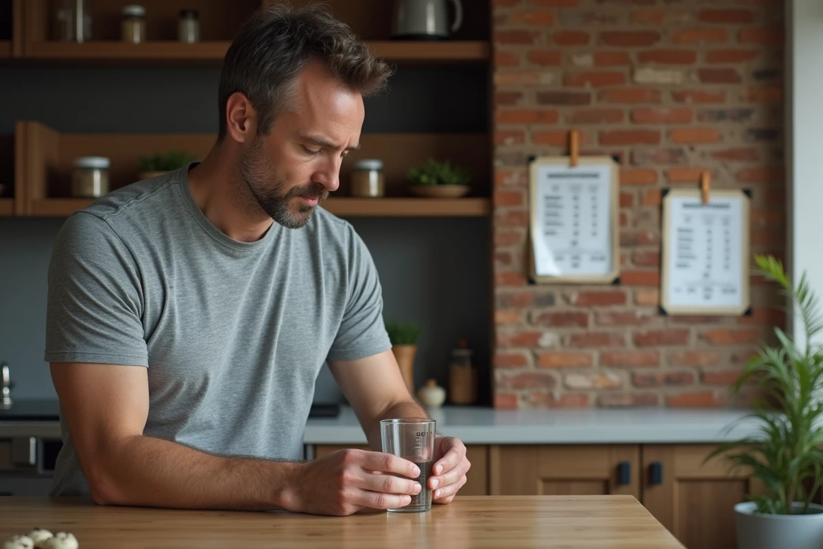 Homme consultant un tableau de conversion de mesures liquides dans une cuisine ouverte avec brique apparente