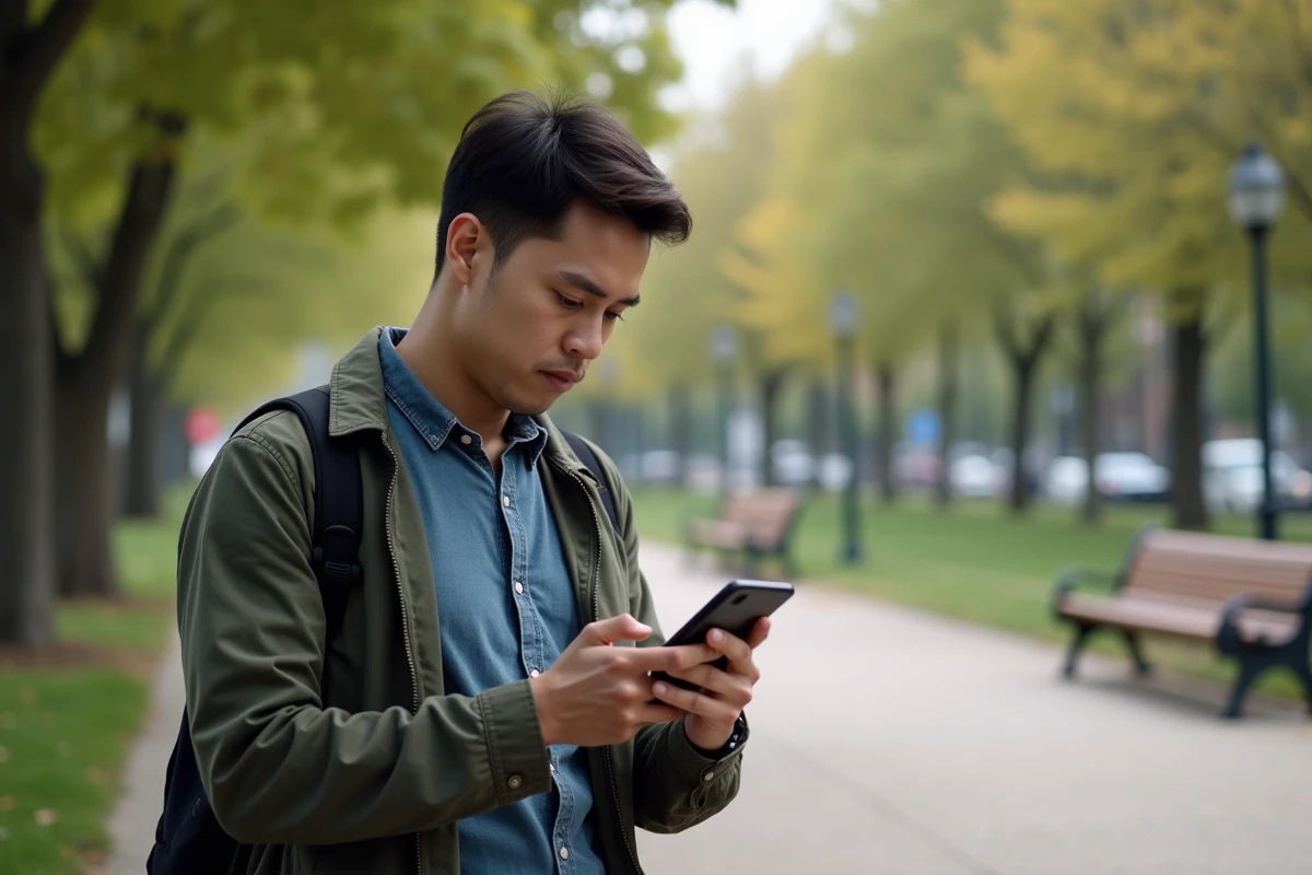 Homme lisant un webtoon sur son smartphone dans un parc urbain