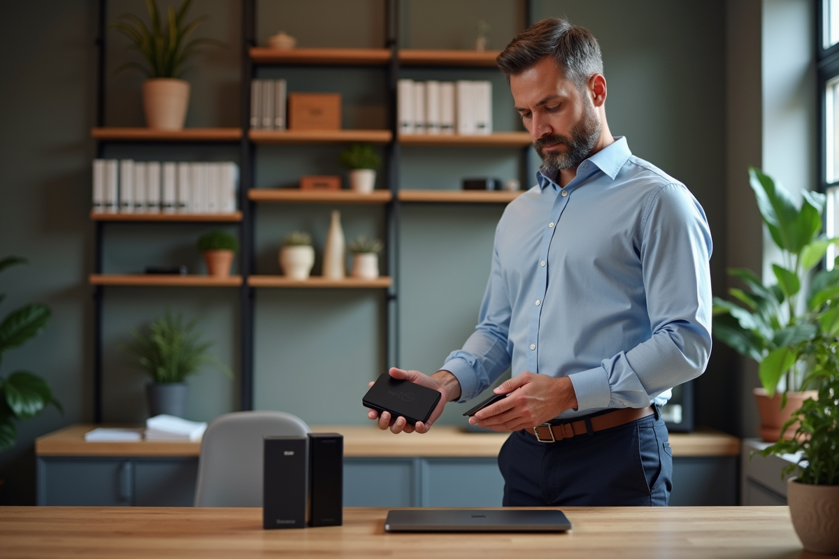Homme évaluant deux disques durs externes dans un bureau