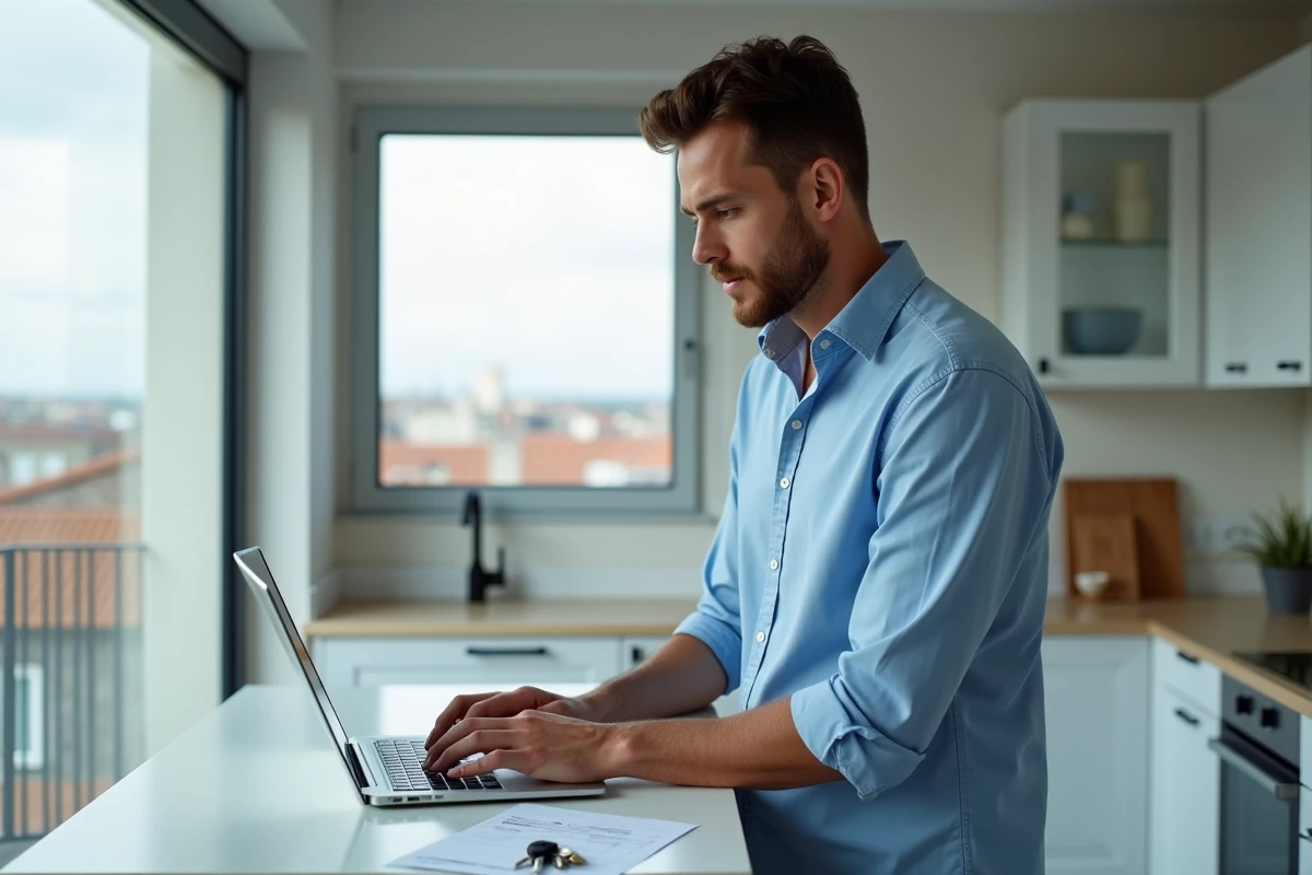 Homme consultant une facture et un ordinateur portable pour vérifier son code postal à Toulouse dans une cuisine moderne