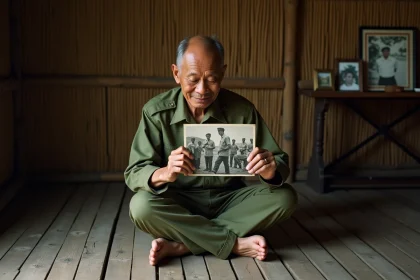 Homme vietnamien en uniforme regardant une photo ancienne