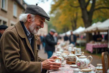 Homme âgé inspectant un théière en porcelaine dans un marché en HauteLoire