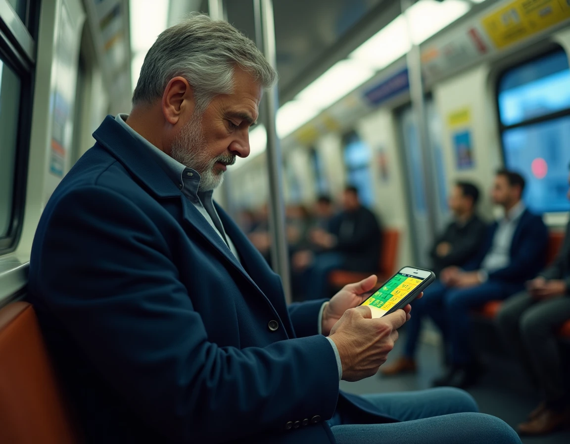 Homme d'âge moyen jouant au Wordle Louan sur smartphone dans le métro parisien