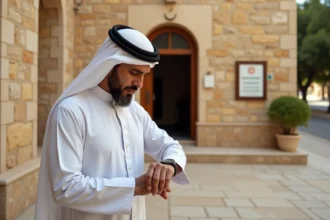 Homme en djellaba blanche consultant les horaires de prière affichés à l'entrée d'une mosquée à Nîmes