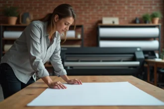 Femme examinant une affiche grand format imprimée dans un atelier d'impression professionnelle