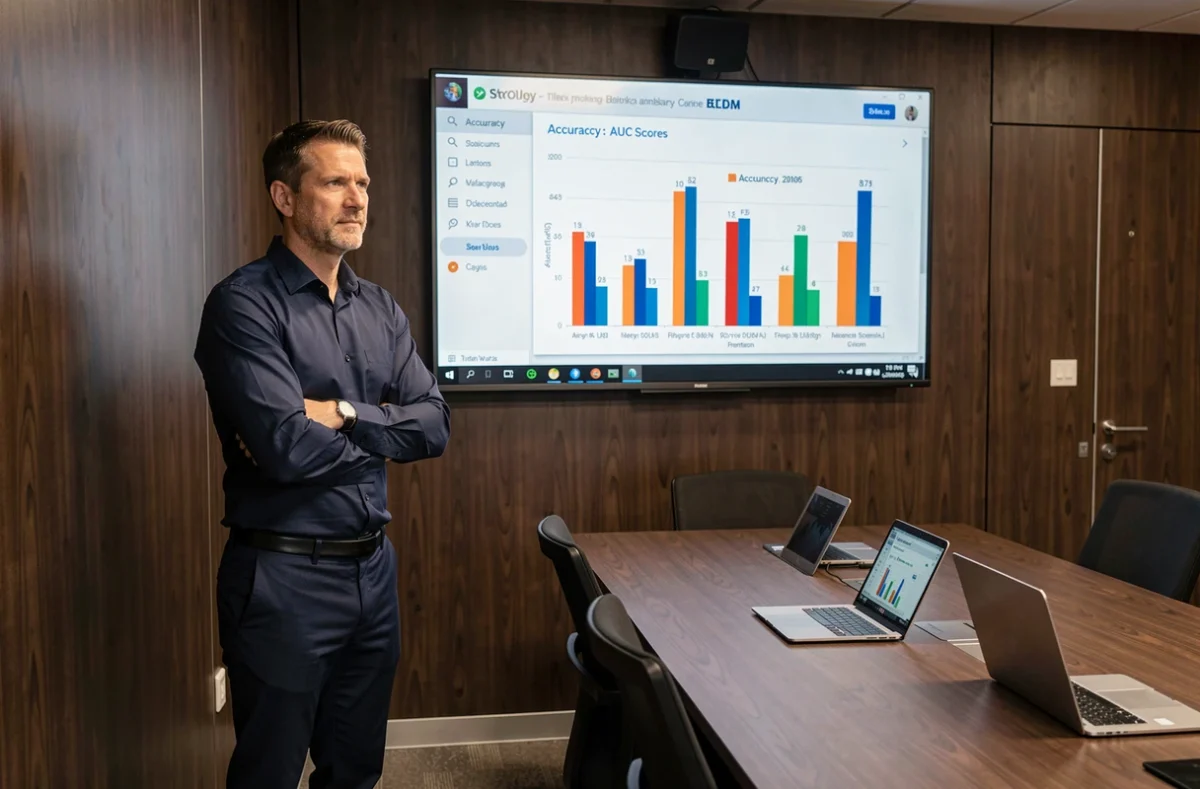 Ingénieur en machine learning comparant les indicateurs AUC et accuracy sur un tableau de bord analytique en salle de conférence