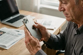 Un homme tenant un iPhone 1 original en examinant sa valeur de collection et d'investissement