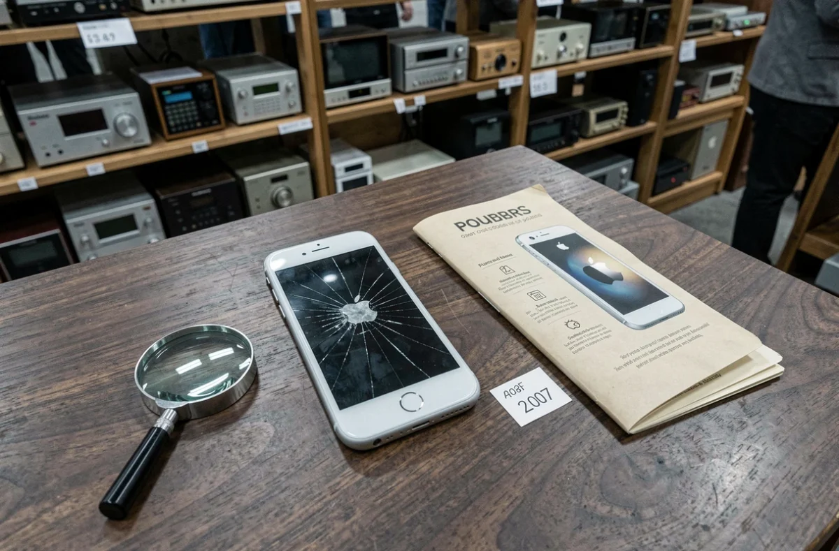 Un iPhone première génération exposé comme objet de collection rare sur une table de marché aux puces vintage