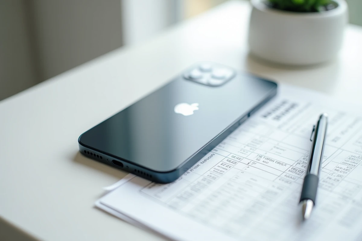 iPhone 14 posé sur un bureau avec un tableau de mensualités de location, illustrant le coût mensuel de l'iPhone 14 en LOA