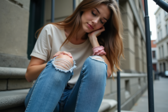 Jeune femme regardant ses jeans usés en ville