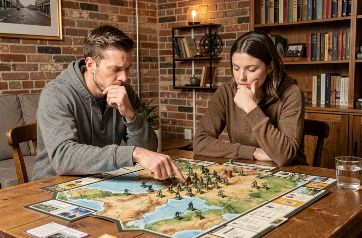 Deux joueurs adultes analysant une carte de jeu de stratégie militaire sur table